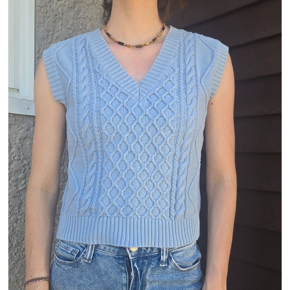 Women's Baby Blue Cotton Knit V Neck Pullover Sweater Vest Top XS